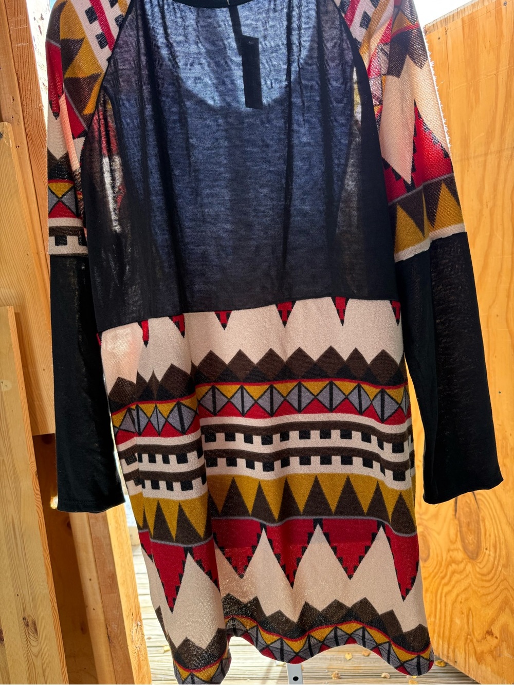Black Aztec-Print Tunic Top with Multi-Color Pattern